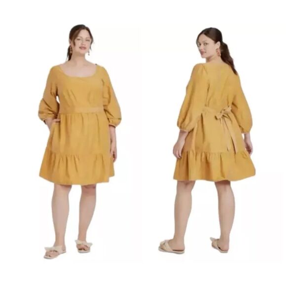 Ava & Viv Women's Balloon 3/4 Sleeve A-Line Dress  Plus Size 1X  NWT Mustard - Picture 1 of 11